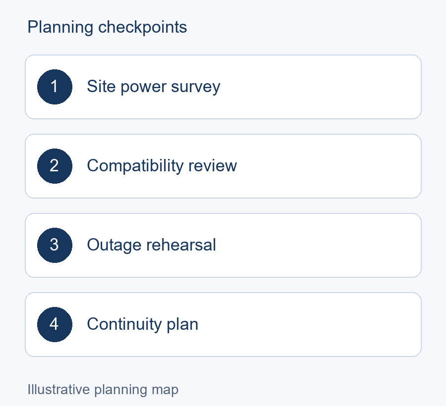 Illustrative planning map: Site power survey → Compatibility review → Outage rehearsal → Continuity plan