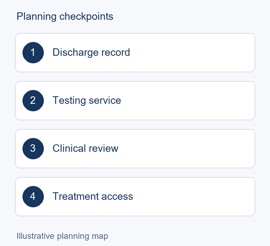 Illustrative planning map: Discharge record → Testing service → Clinical review → Treatment access