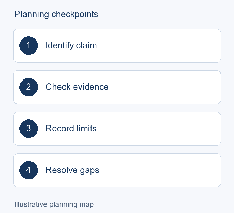 Illustrative planning map: Identify claim → Check evidence → Record limits → Resolve gaps