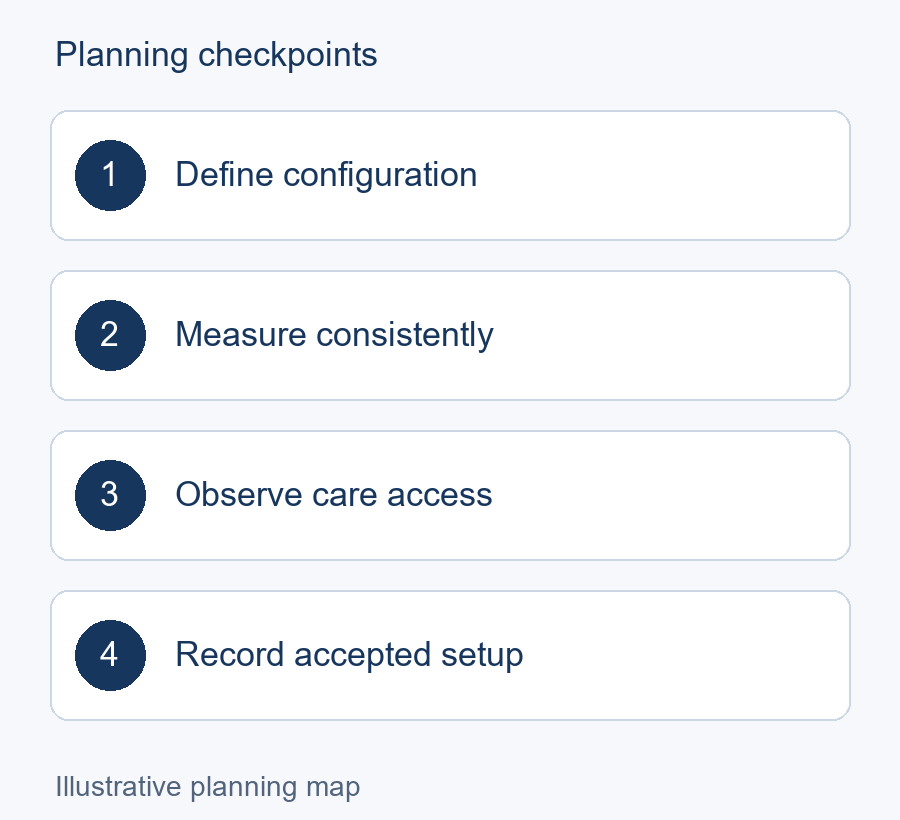 Illustrative planning map: Define configuration → Measure consistently → Observe care access → Record accepted setup
