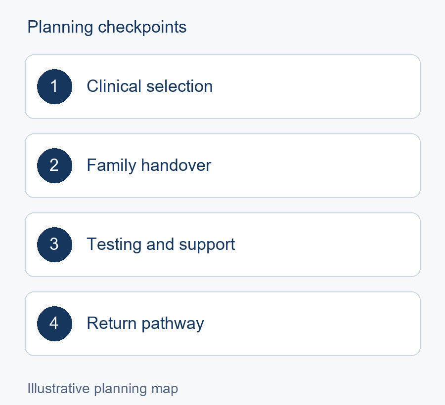Illustrative planning map: Clinical selection → Family handover → Testing and support → Return pathway