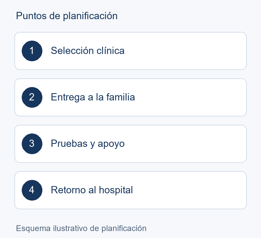 Esquema de planificación: Selección clínica → Entrega a la familia → Pruebas y apoyo → Retorno al hospital
