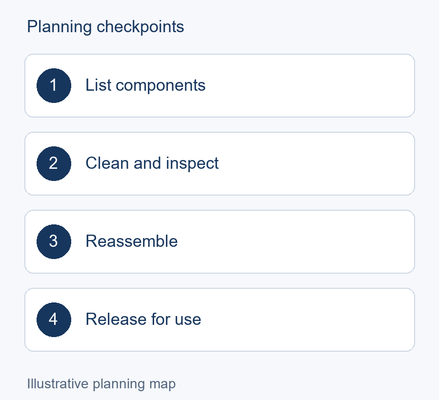 Illustrative planning map: List components → Clean and inspect → Reassemble → Release for use