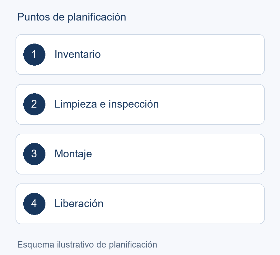 Esquema de planificación: Inventario → Limpieza e inspección → Montaje → Liberación
