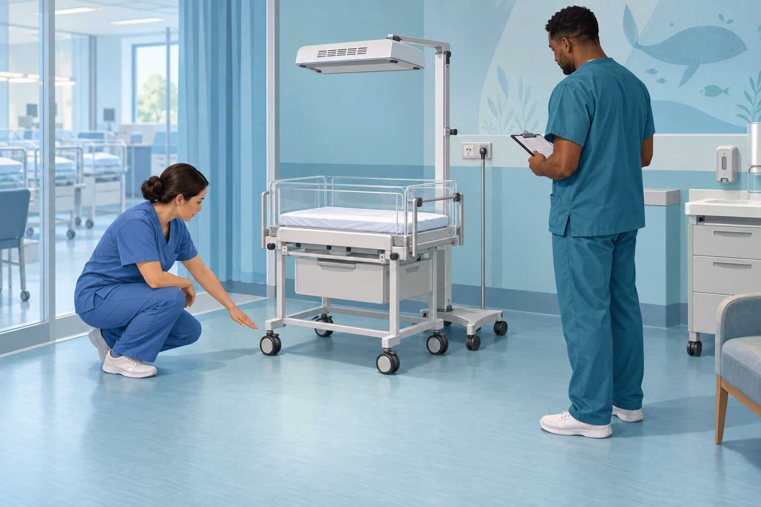 Illustration: assess cot access and the ward layout before specifying equipment.